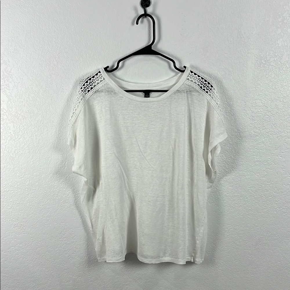 Ann Taylor White Boxy Shirt Short Sleeve Linen Sz XL Lace Lightweight TC0668